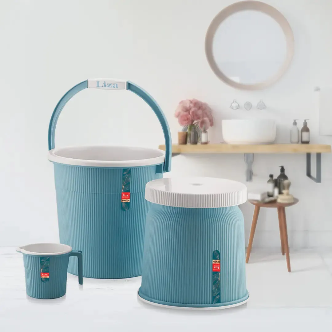 Blue Bath Bucket(18L), Mug(1L) & Stool Set Of 3 For Bathing and Cleaning