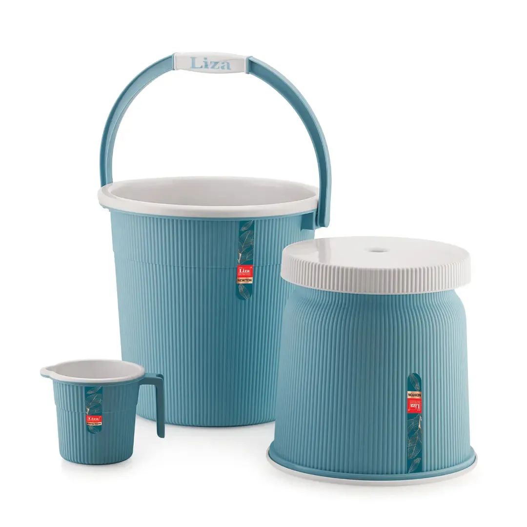 Blue Bath Bucket(18L), Mug(1L) & Stool Set Of 3 For Bathing and Cleaning