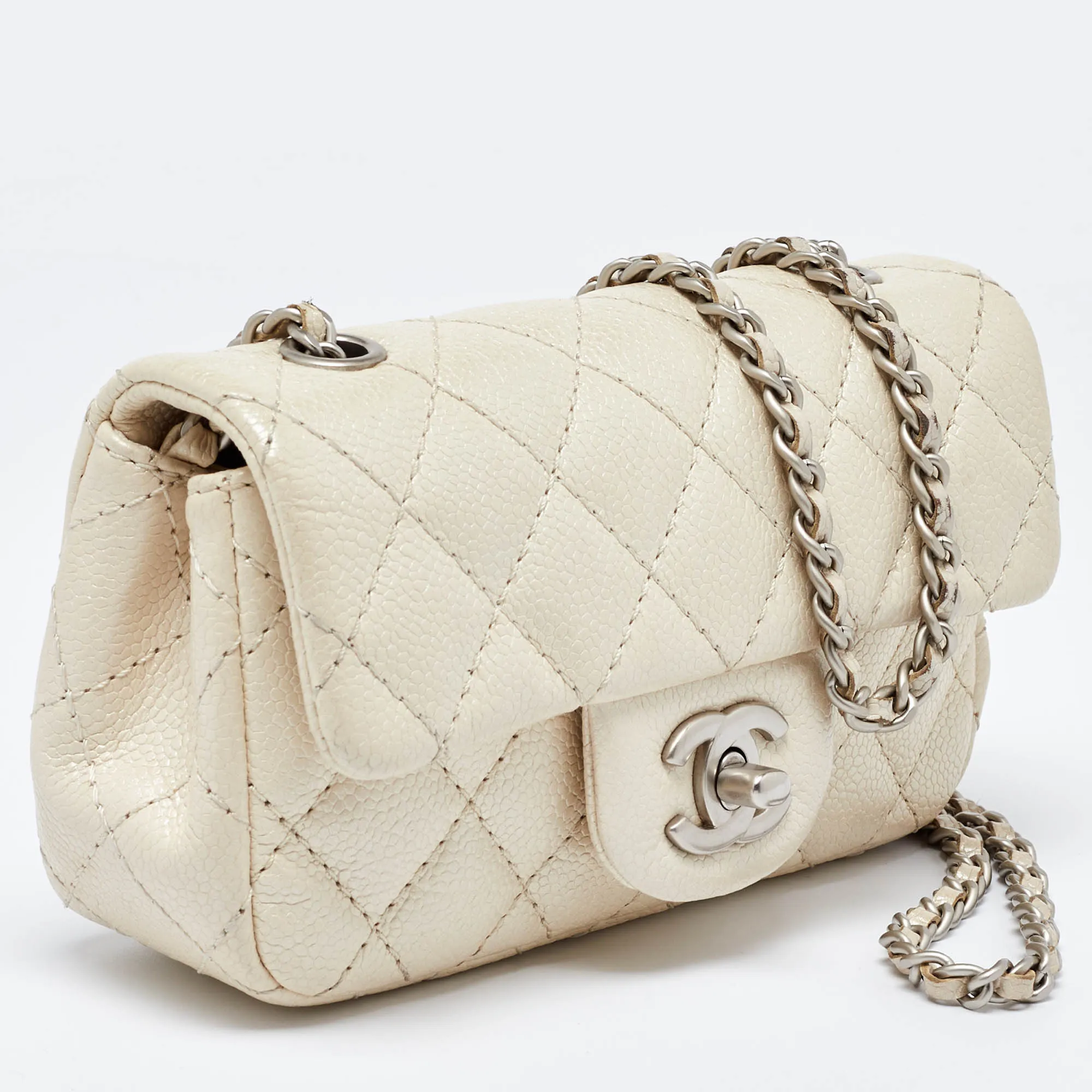 CHANEL Pearl Beige Quilted Caviar Leather New Mini Classic Flap Bag