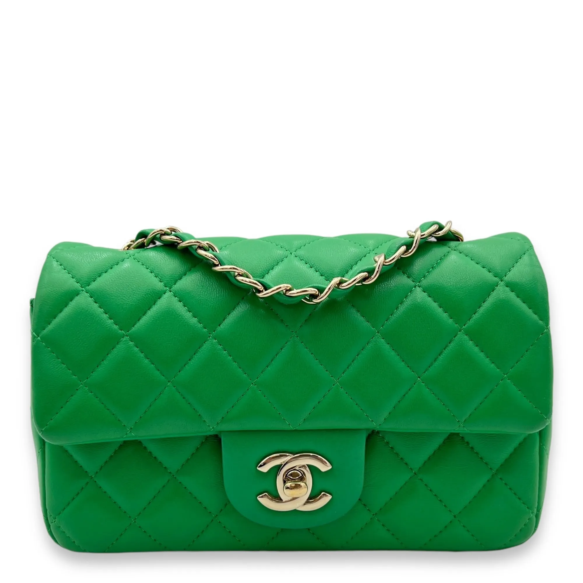 Classic Mini Rectangular Green Crossbody Bag in Lambskin, Gold hardware