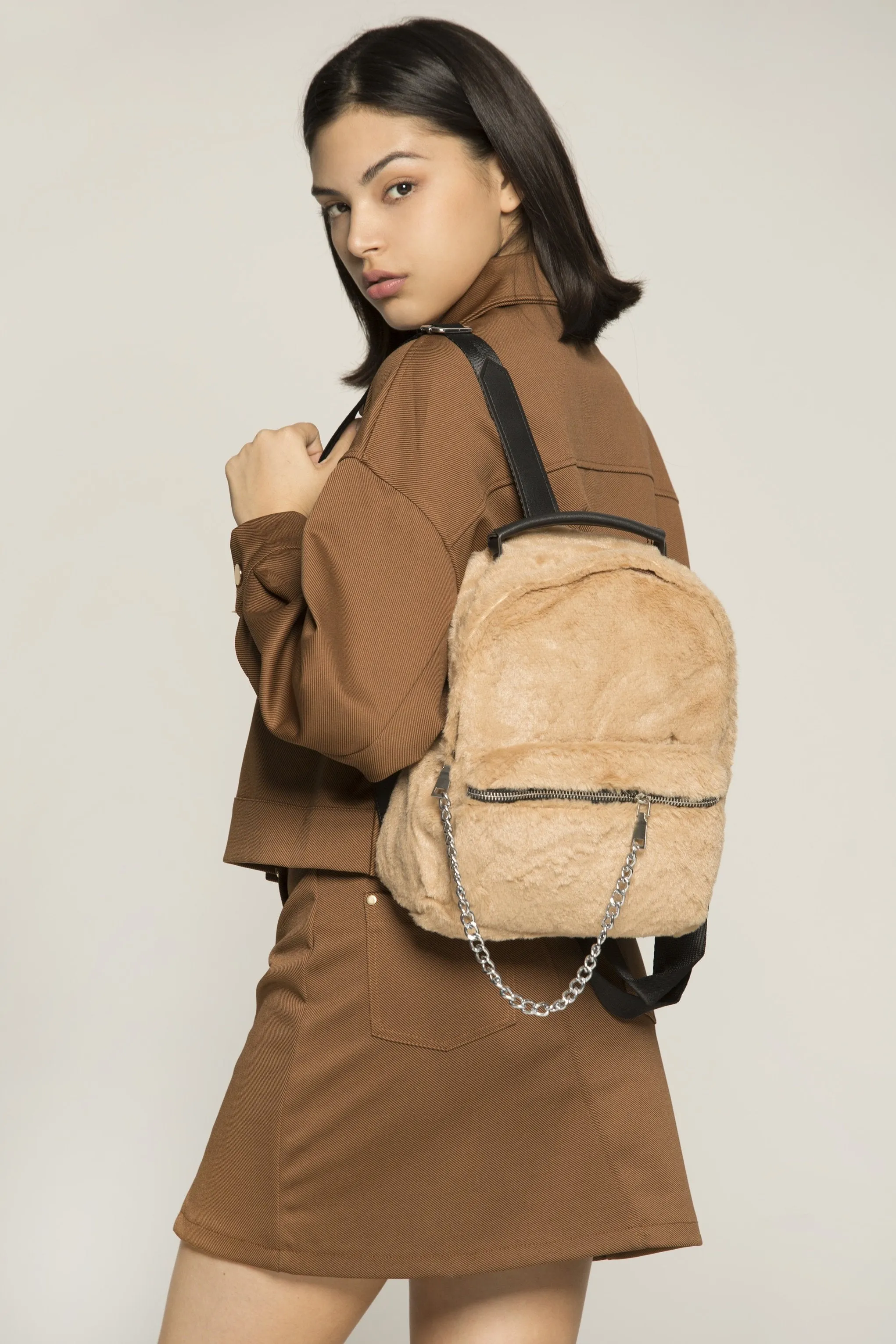 Faux Fur Caramel Cream Mini Backpack