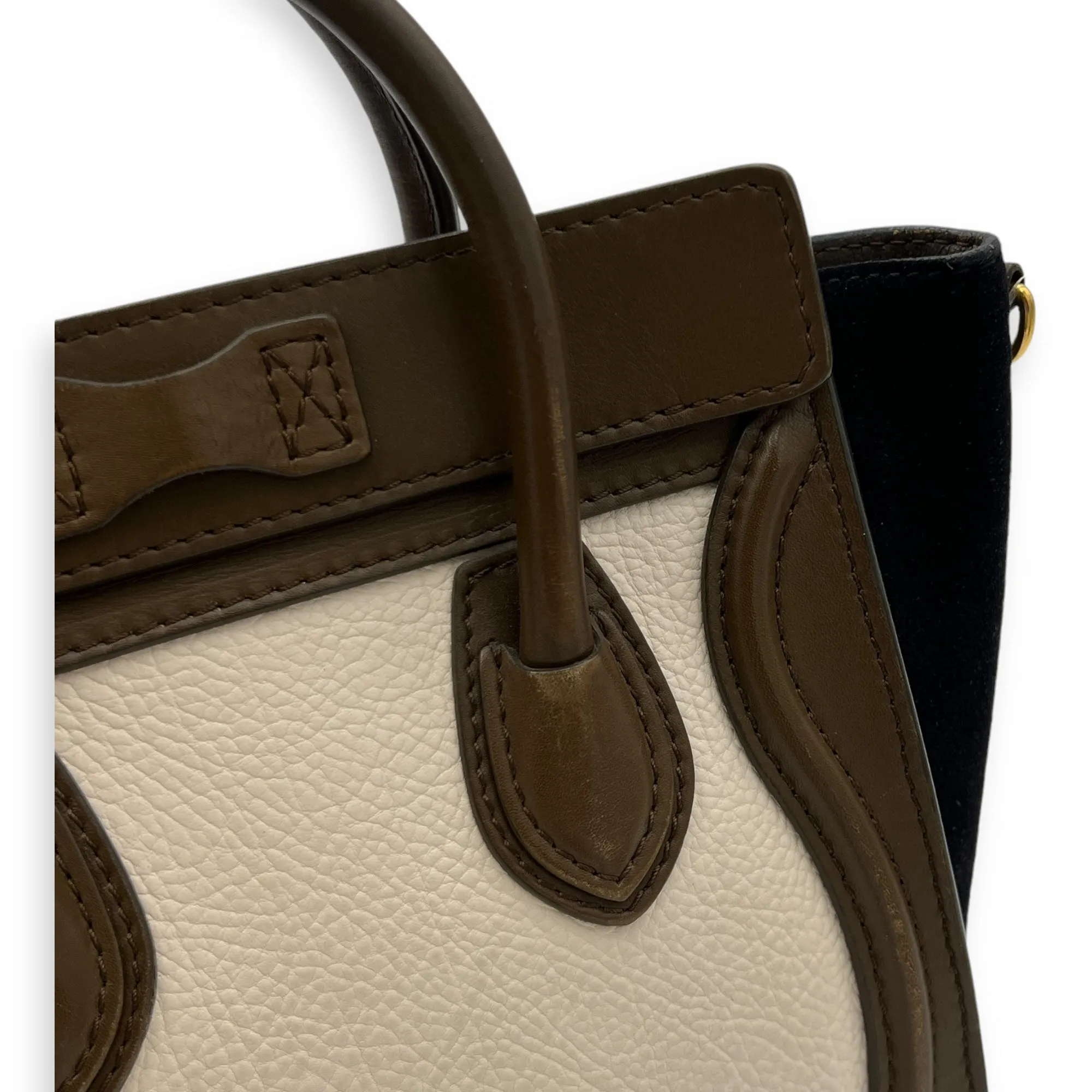 Luggage Nano White Top Handle Bag in Calfskin, Gold hardware