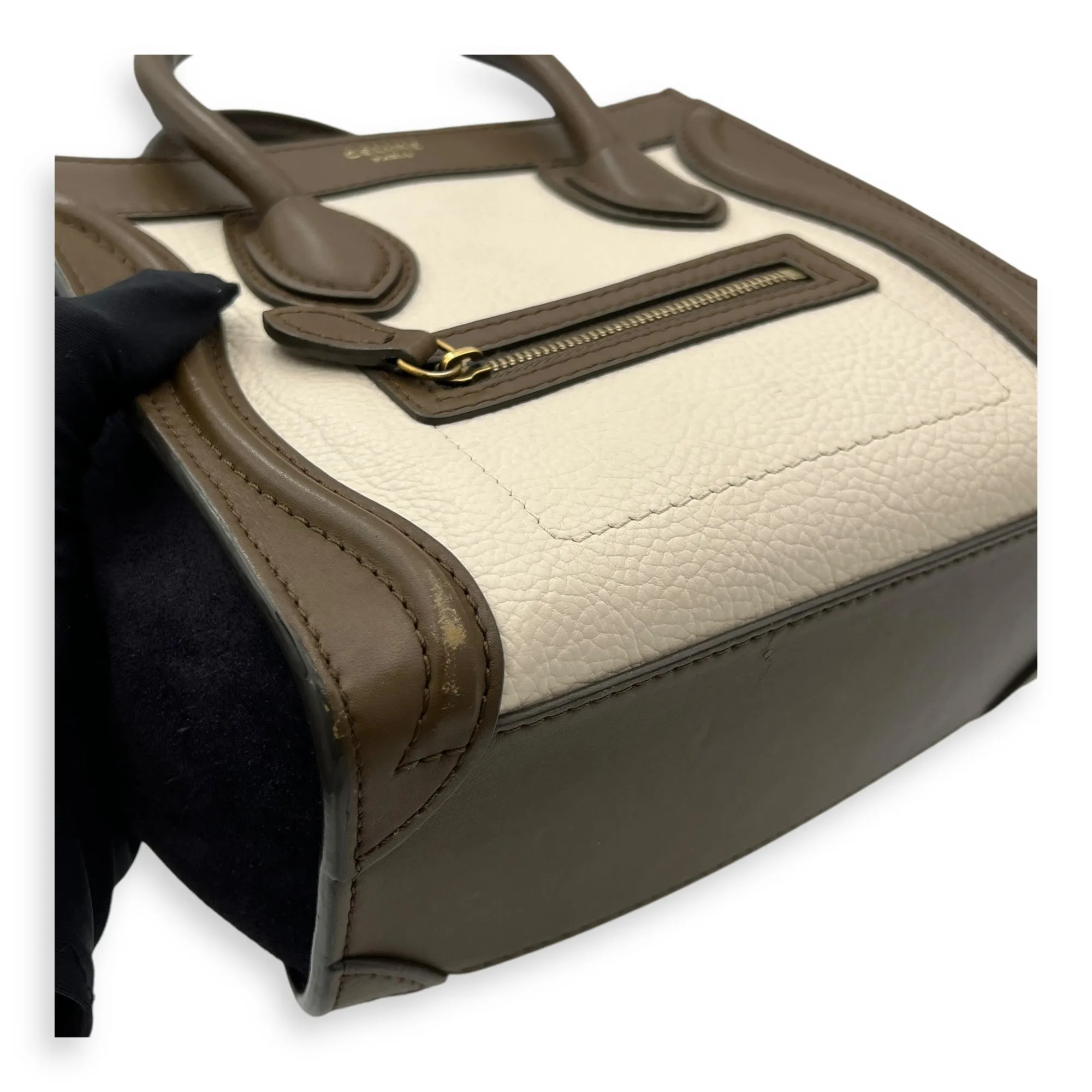 Luggage Nano White Top Handle Bag in Calfskin, Gold hardware